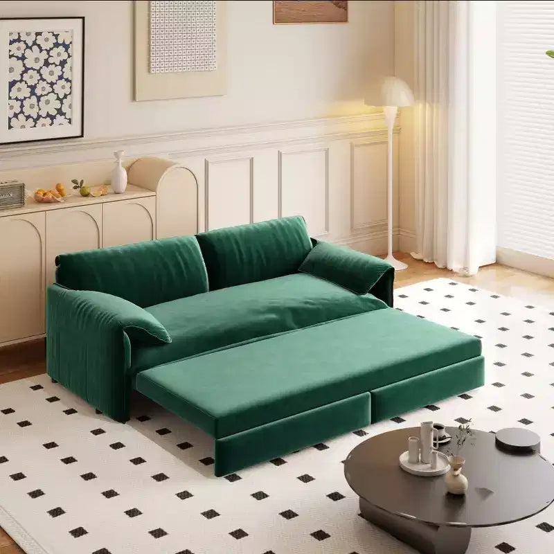 Whison 3-in-1 Velvet Queen Sleeper Sofa Bed & Chaise Lounge with Side Storage Pockets, 2 Seats