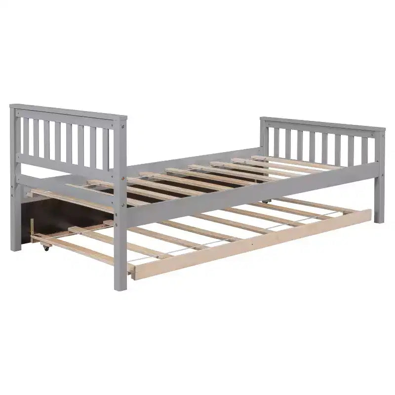 MATEERTY Twin Bed with Trundle, Platform Bed Frame with Headboard and Footboard for Bedroom Small Living Space Gray