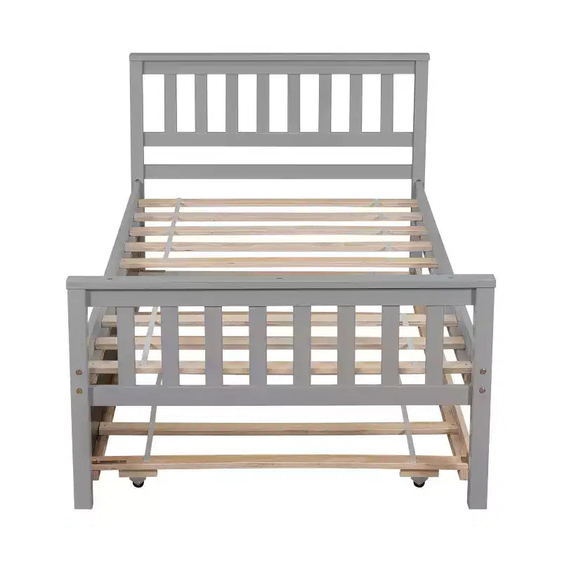 MATEERTY Twin Bed with Trundle, Platform Bed Frame with Headboard and Footboard for Bedroom Small Living Space Gray