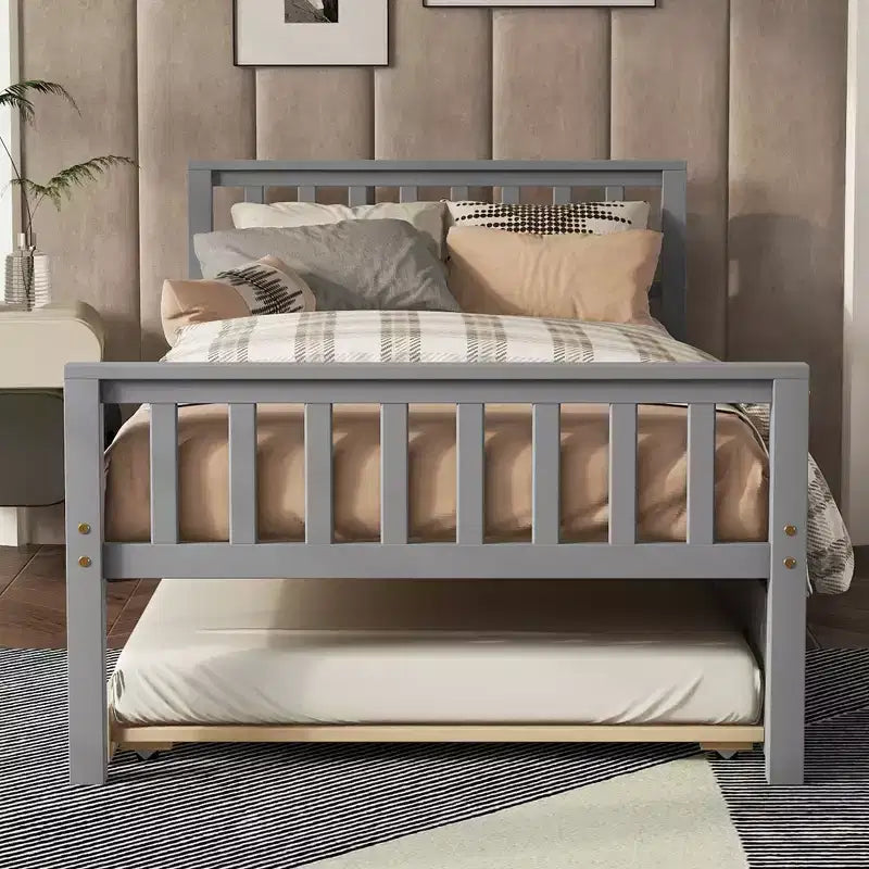 MATEERTY Twin Bed with Trundle, Platform Bed Frame with Headboard and Footboard for Bedroom Small Living Space Gray