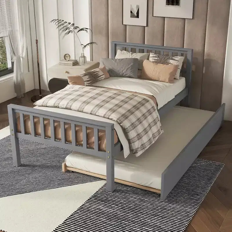 MATEERTY Twin Bed with Trundle, Platform Bed Frame with Headboard and Footboard for Bedroom Small Living Space Gray