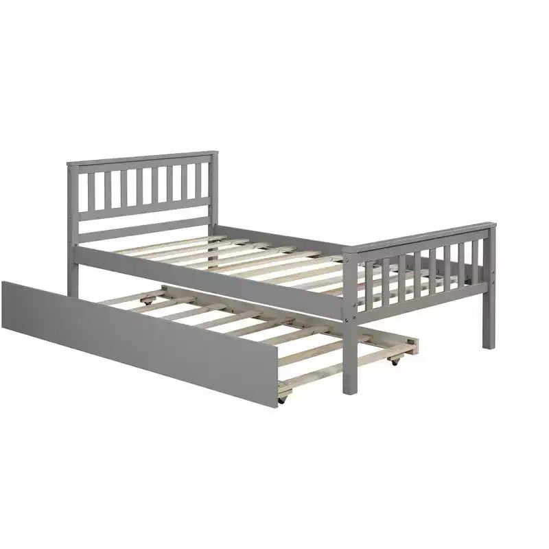 MATEERTY Twin Bed with Trundle, Platform Bed Frame with Headboard and Footboard for Bedroom Small Living Space Gray
