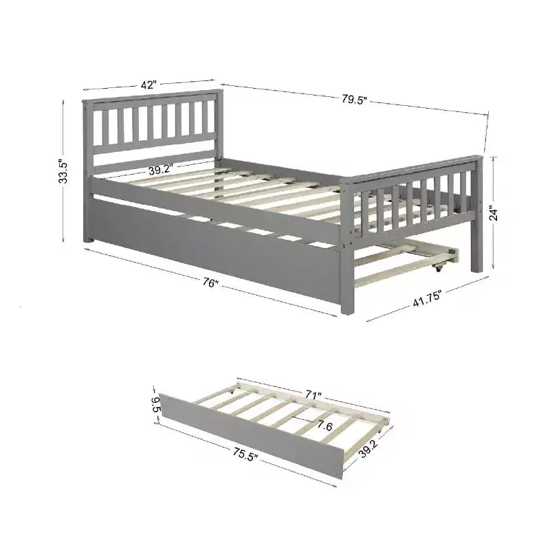 MATEERTY Twin Bed with Trundle, Platform Bed Frame with Headboard and Footboard for Bedroom Small Living Space Gray