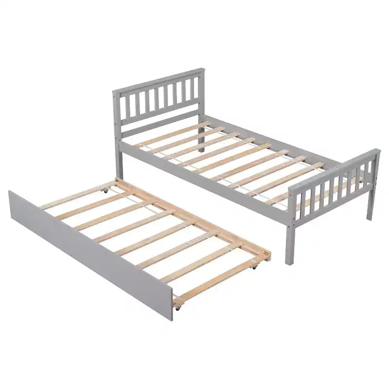 MATEERTY Twin Bed with Trundle, Platform Bed Frame with Headboard and Footboard for Bedroom Small Living Space Gray