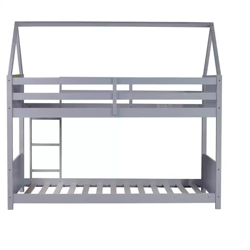 ModernLuxe Twin over Twin Bunk Bed, House-Shaped Floor Bunk Bed with Ladder and Guardrails, No Box Spring Needed