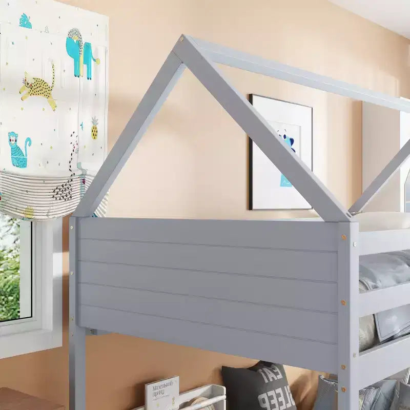 ModernLuxe Twin over Twin Bunk Bed, House-Shaped Floor Bunk Bed with Ladder and Guardrails, No Box Spring Needed