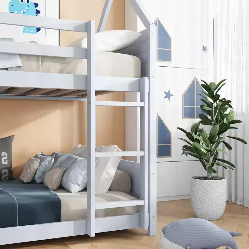 ModernLuxe Twin over Twin Bunk Bed, House-Shaped Floor Bunk Bed with Ladder and Guardrails, No Box Spring Needed