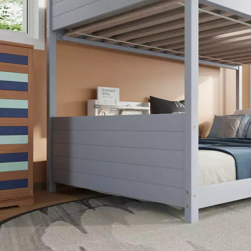 ModernLuxe Twin over Twin Bunk Bed, House-Shaped Floor Bunk Bed with Ladder and Guardrails, No Box Spring Needed