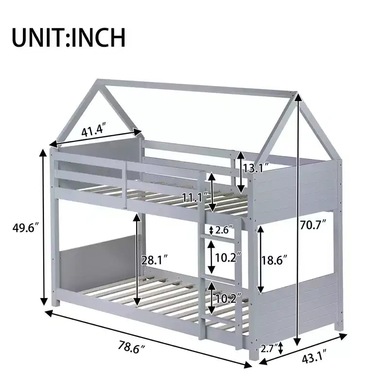 ModernLuxe Twin over Twin Bunk Bed, House-Shaped Floor Bunk Bed with Ladder and Guardrails, No Box Spring Needed