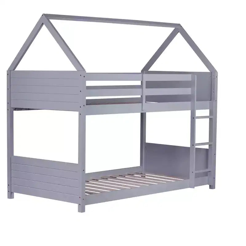 ModernLuxe Twin over Twin Bunk Bed, House-Shaped Floor Bunk Bed with Ladder and Guardrails, No Box Spring Needed