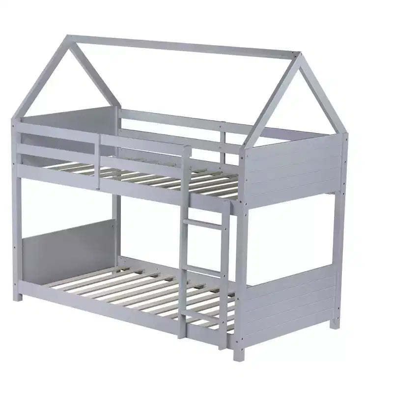 ModernLuxe Twin over Twin Bunk Bed, House-Shaped Floor Bunk Bed with Ladder and Guardrails, No Box Spring Needed