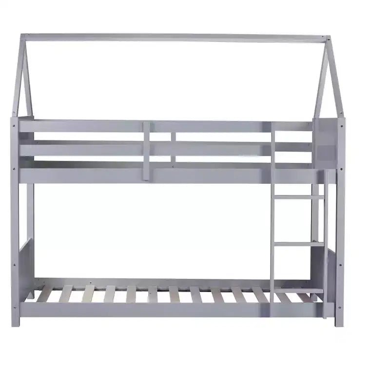 ModernLuxe Twin over Twin Bunk Bed, House-Shaped Floor Bunk Bed with Ladder and Guardrails, No Box Spring Needed