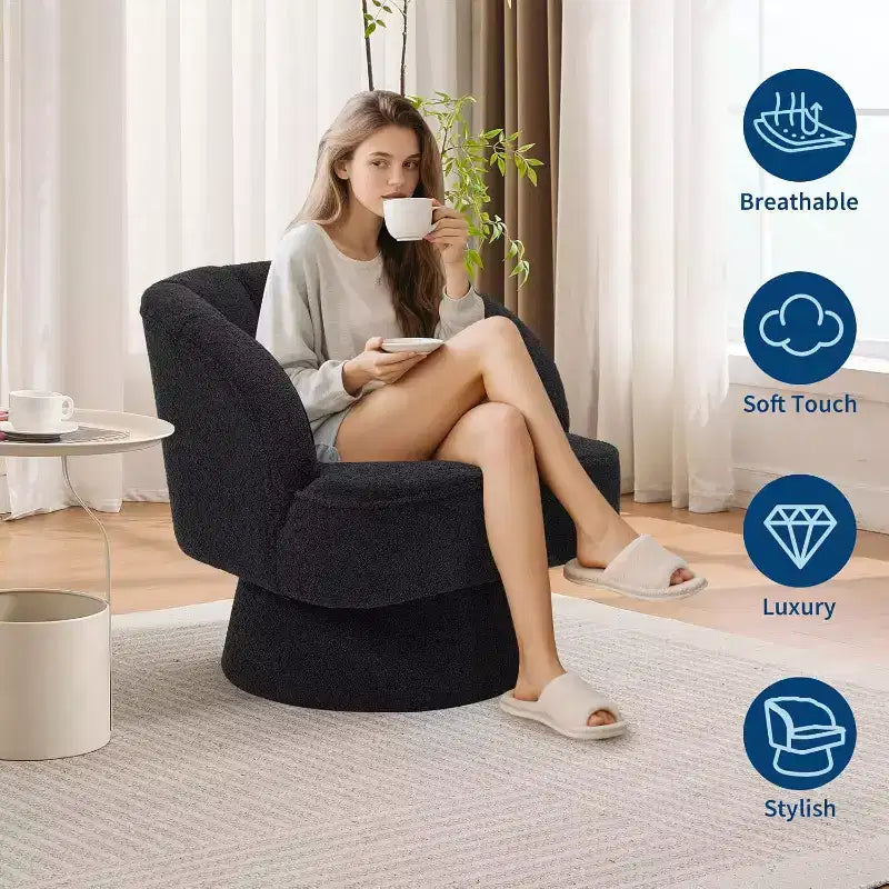 Modern Swivel Barrel Accent Chair, 360 Upholstered Armchair with Striped Backrest & Plush Padding