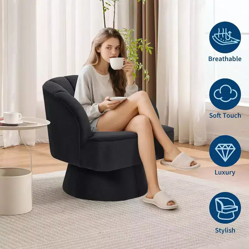 Modern Swivel Barrel Accent Chair, 360 Upholstered Armchair with Striped Backrest & Plush Padding