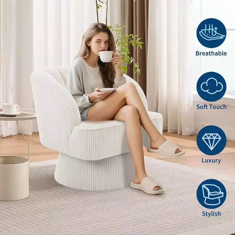 Modern Swivel Barrel Accent Chair, 360 Upholstered Armchair with Striped Backrest & Plush Padding