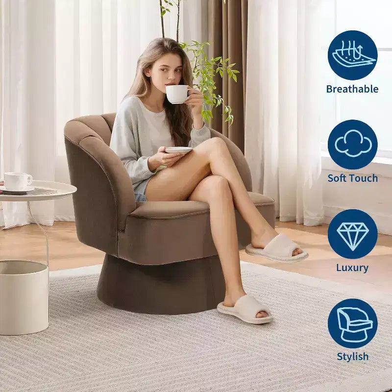 Modern Swivel Barrel Accent Chair, 360 Upholstered Armchair with Striped Backrest & Plush Padding