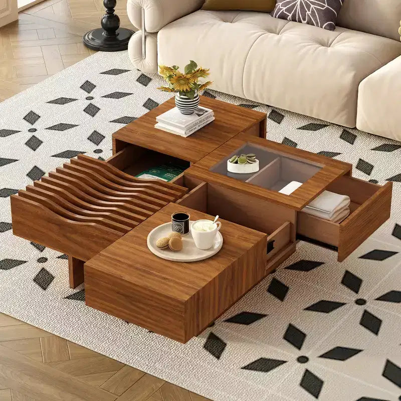 CLIHOME 33 Mid Century Unique Square Wooden Modern Coffee Table with 3 Drawers, Tempered glass and Solid Wood Legs
