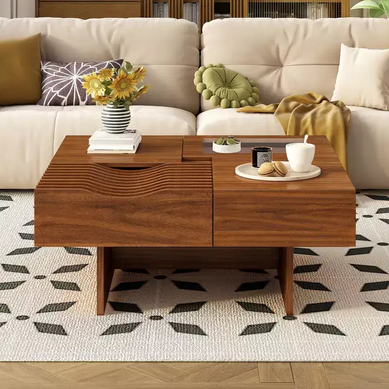 CLIHOME 33 Mid Century Unique Square Wooden Modern Coffee Table with 3 Drawers, Tempered glass and Solid Wood Legs