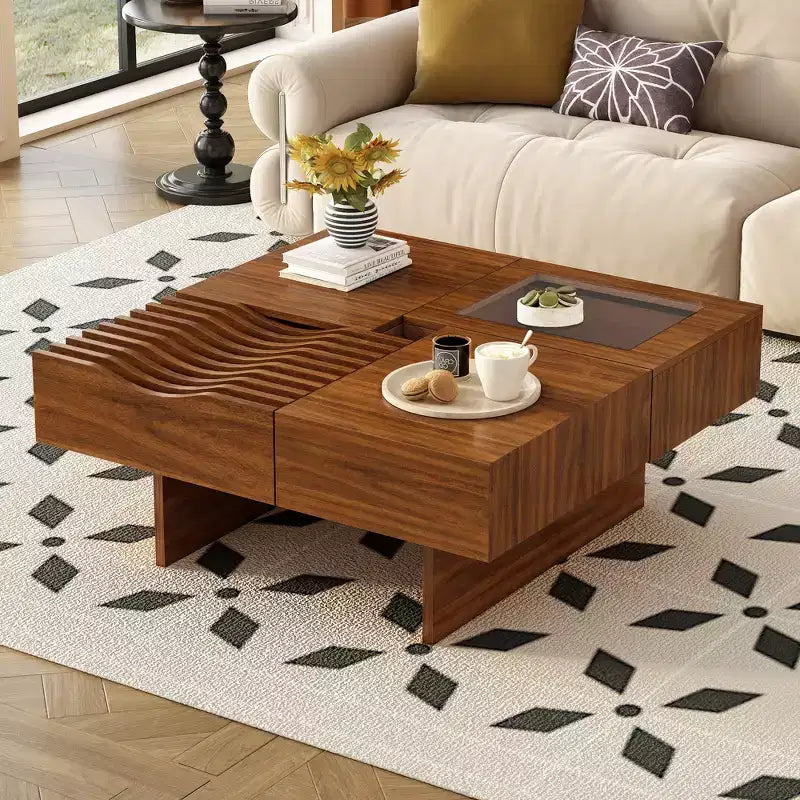 CLIHOME 33 Mid Century Unique Square Wooden Modern Coffee Table with 3 Drawers, Tempered glass and Solid Wood Legs
