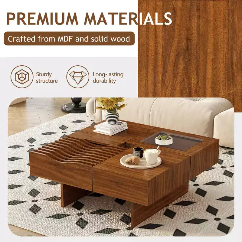 CLIHOME 33 Mid Century Unique Square Wooden Modern Coffee Table with 3 Drawers, Tempered glass and Solid Wood Legs