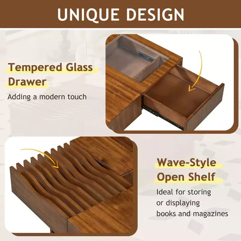 CLIHOME 33 Mid Century Unique Square Wooden Modern Coffee Table with 3 Drawers, Tempered glass and Solid Wood Legs