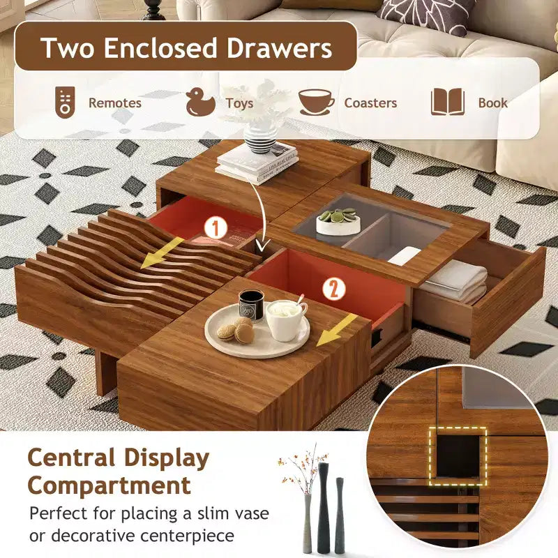 CLIHOME 33 Mid Century Unique Square Wooden Modern Coffee Table with 3 Drawers, Tempered glass and Solid Wood Legs
