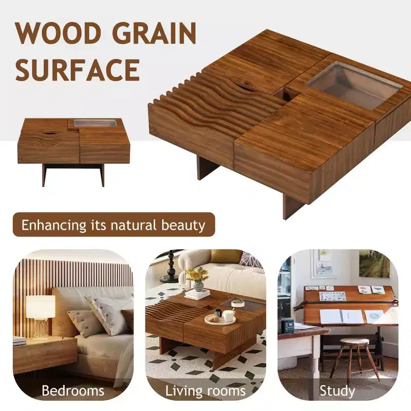CLIHOME 33 Mid Century Unique Square Wooden Modern Coffee Table with 3 Drawers, Tempered glass and Solid Wood Legs