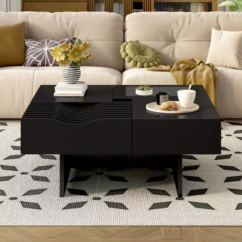 CLIHOME 33 Mid Century Unique Square Wooden Modern Coffee Table with 3 Drawers, Tempered glass and Solid Wood Legs