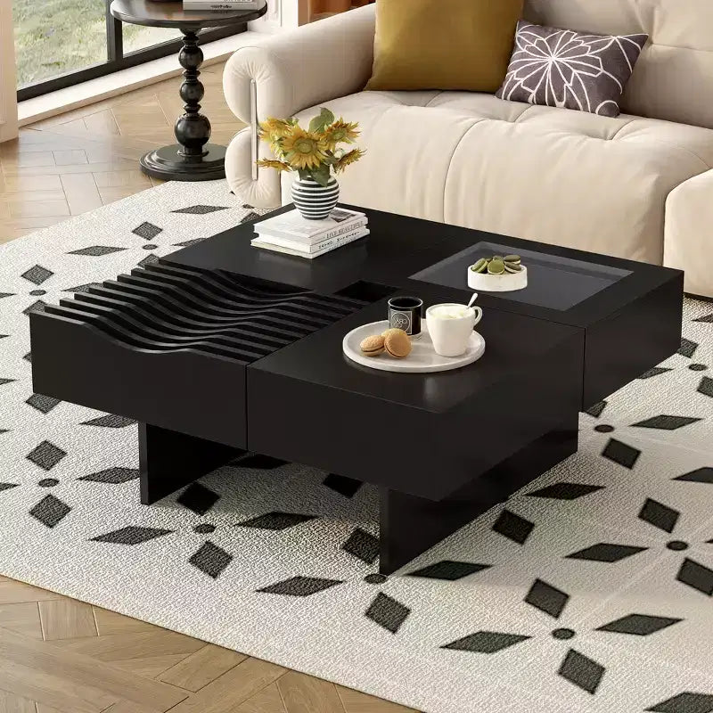 CLIHOME 33 Mid Century Unique Square Wooden Modern Coffee Table with 3 Drawers, Tempered glass and Solid Wood Legs