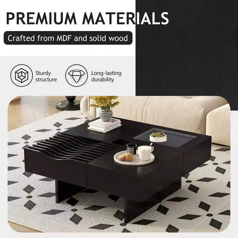 CLIHOME 33 Mid Century Unique Square Wooden Modern Coffee Table with 3 Drawers, Tempered glass and Solid Wood Legs