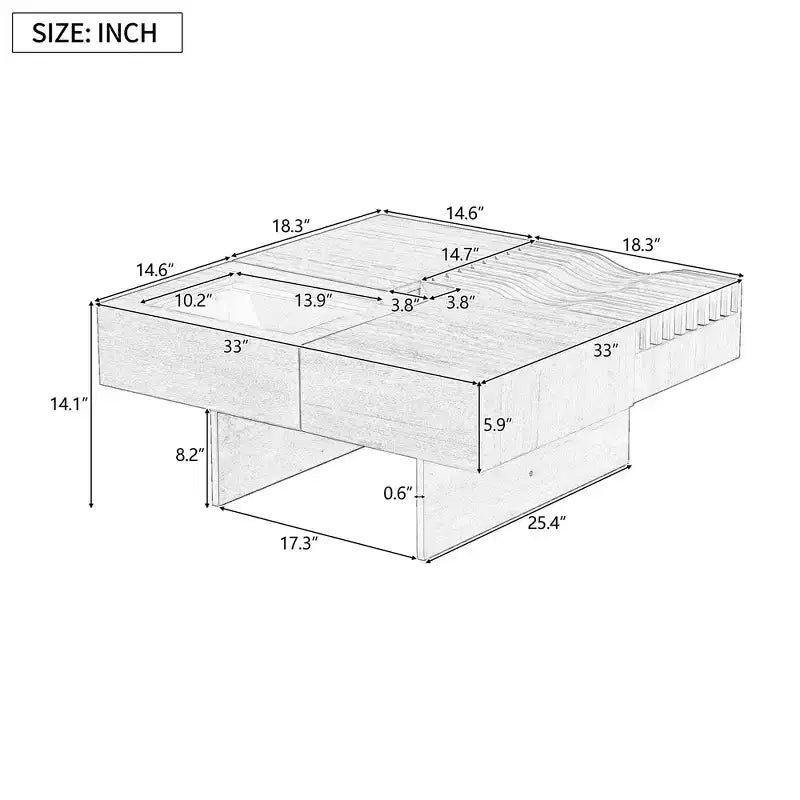 CLIHOME 33 Mid Century Unique Square Wooden Modern Coffee Table with 3 Drawers, Tempered glass and Solid Wood Legs