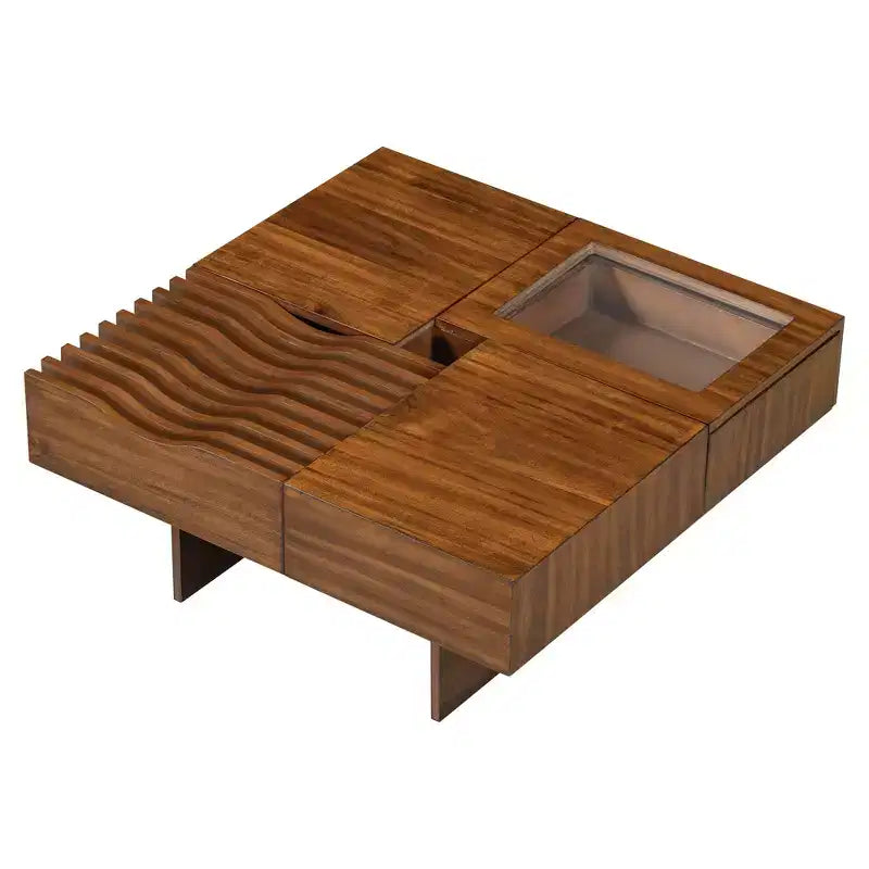 CLIHOME 33 Mid Century Unique Square Wooden Modern Coffee Table with 3 Drawers, Tempered glass and Solid Wood Legs