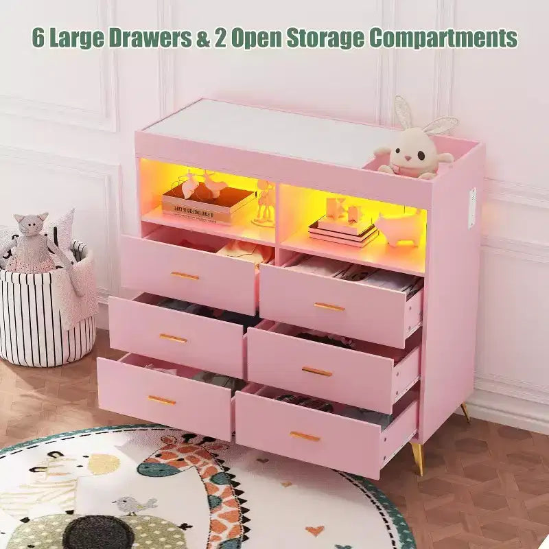 Acekool Baby Dresser with Changing Table - 6 Drawers, LED Lights & Power Outlet