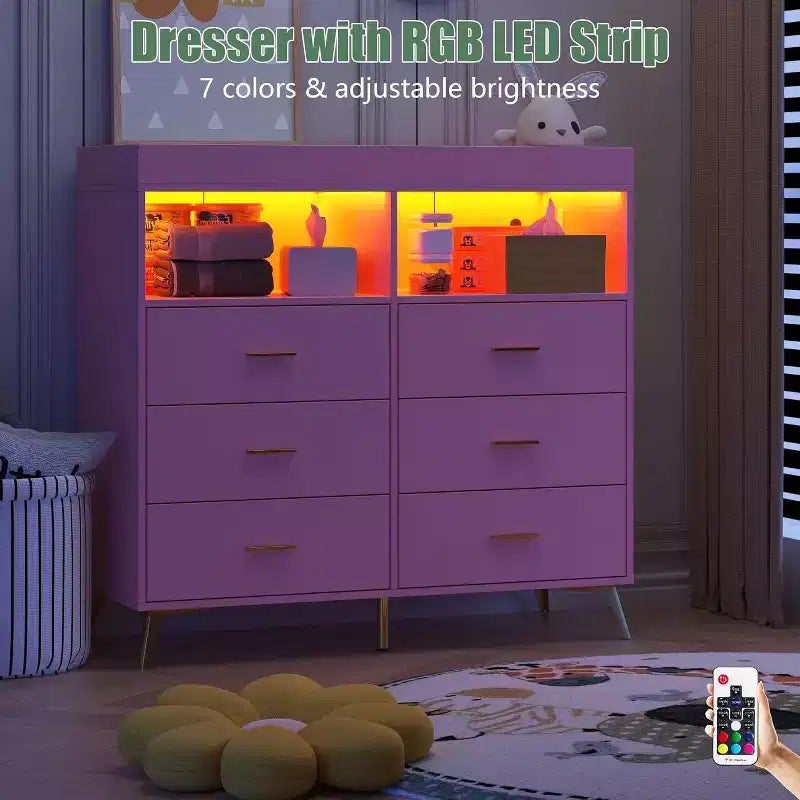 Acekool Baby Dresser with Changing Table - 6 Drawers, LED Lights & Power Outlet