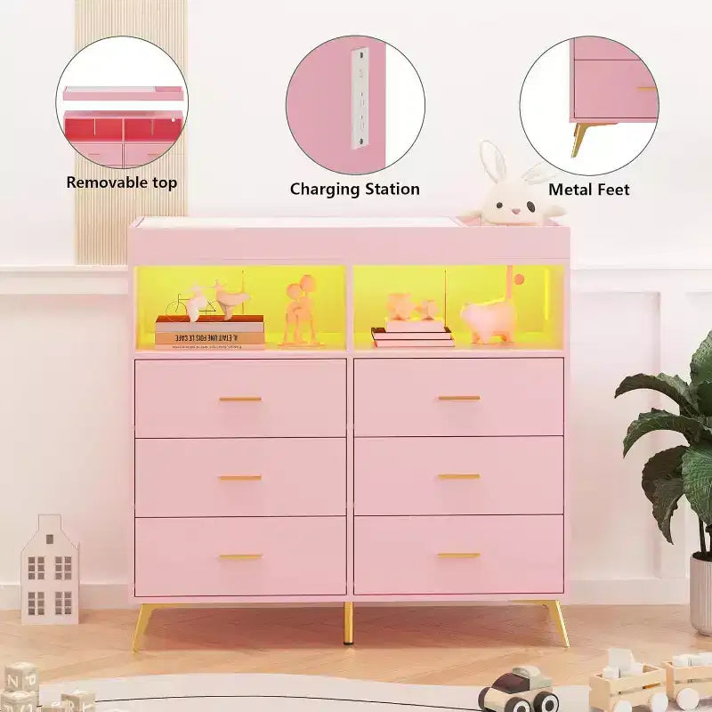 Acekool Baby Dresser with Changing Table - 6 Drawers, LED Lights & Power Outlet
