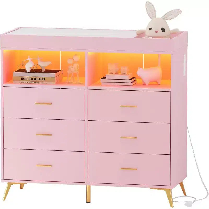 Acekool Baby Dresser with Changing Table - 6 Drawers, LED Lights & Power Outlet