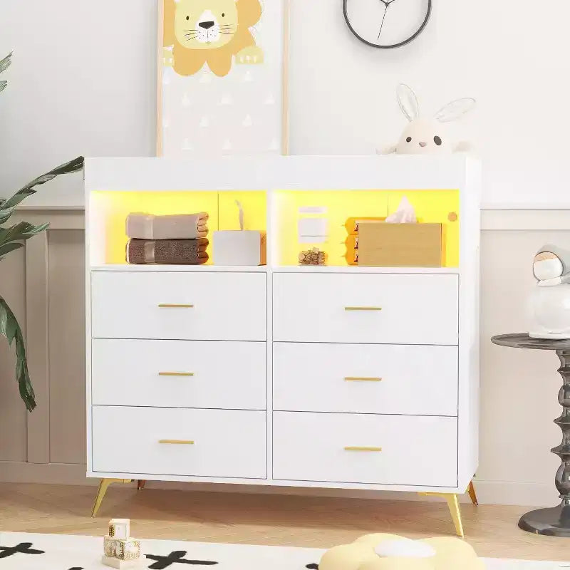Acekool Baby Dresser with Changing Table - 6 Drawers, LED Lights & Power Outlet