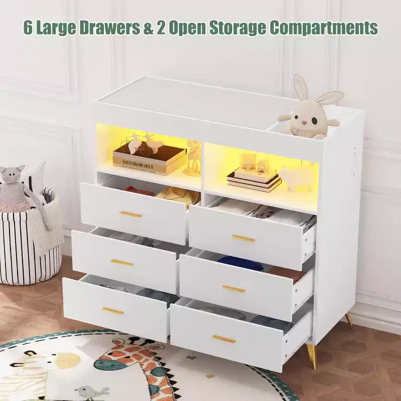 Acekool Baby Dresser with Changing Table - 6 Drawers, LED Lights & Power Outlet