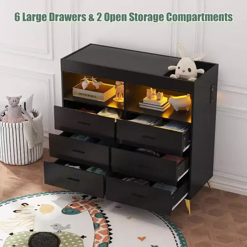 Acekool Baby Dresser with Changing Table - 6 Drawers, LED Lights & Power Outlet