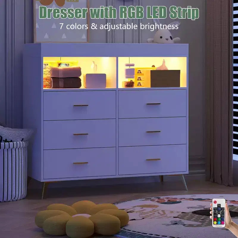 Acekool Baby Dresser with Changing Table - 6 Drawers, LED Lights & Power Outlet