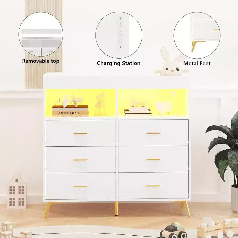 Acekool Baby Dresser with Changing Table - 6 Drawers, LED Lights & Power Outlet