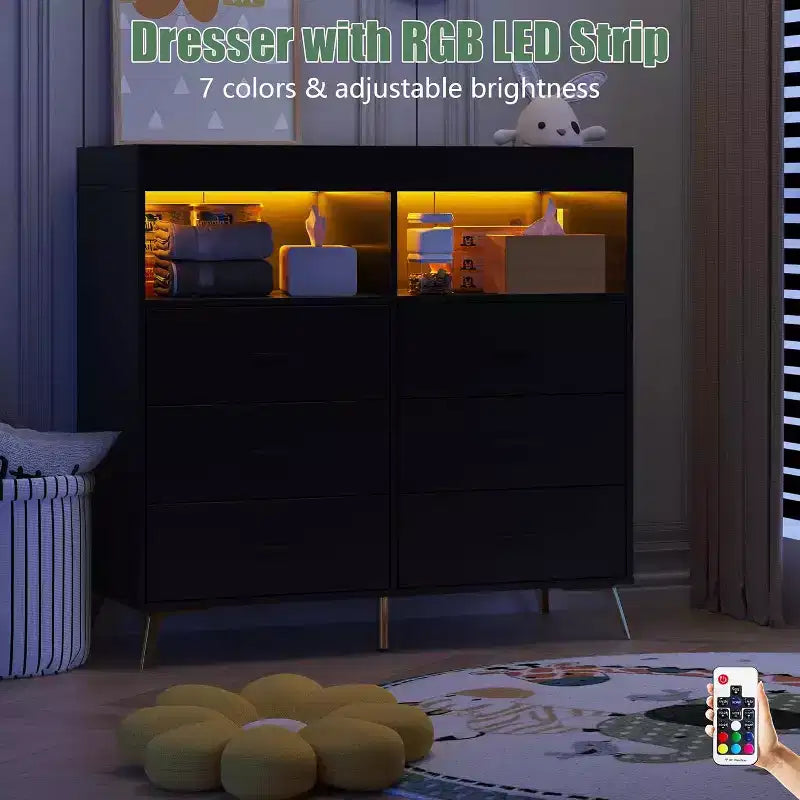 Acekool Baby Dresser with Changing Table - 6 Drawers, LED Lights & Power Outlet