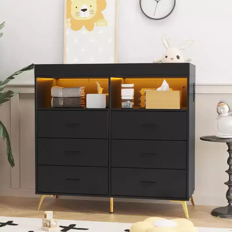 Acekool Baby Dresser with Changing Table - 6 Drawers, LED Lights & Power Outlet