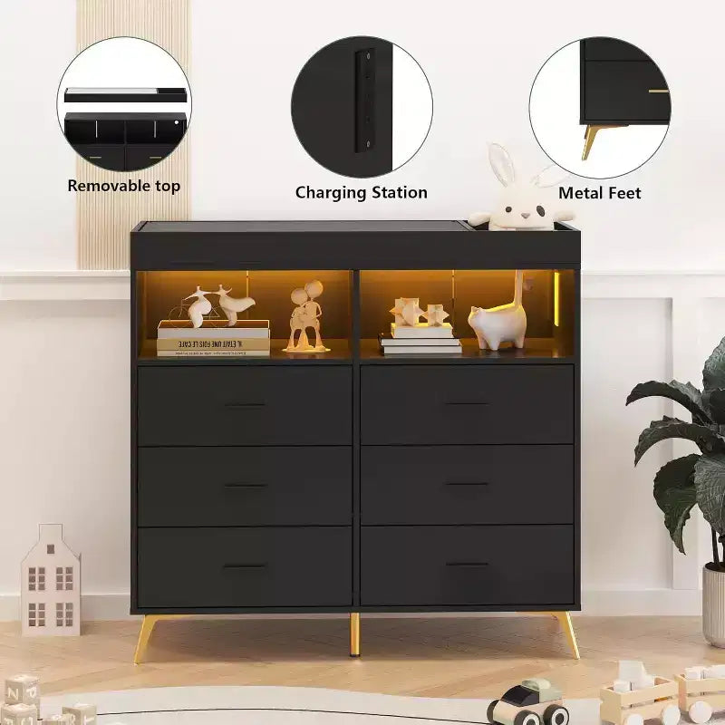 Acekool Baby Dresser with Changing Table - 6 Drawers, LED Lights & Power Outlet