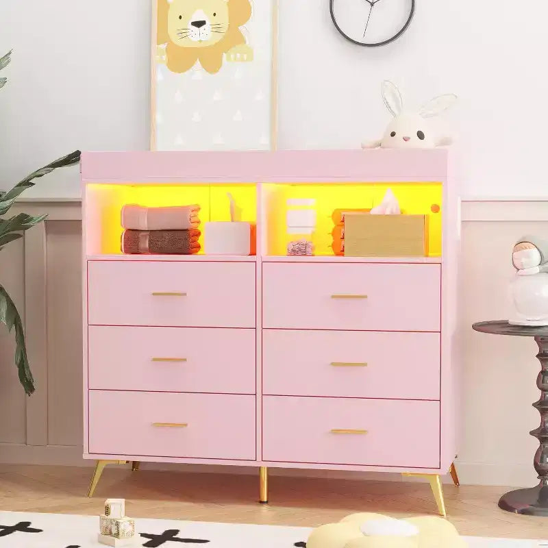 Acekool Baby Dresser with Changing Table - 6 Drawers, LED Lights & Power Outlet