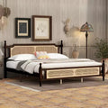 MAYEERTY Full Size Bed with Rattan Headboard, Two Storage Drawers, Rubber Wood Bed Brown