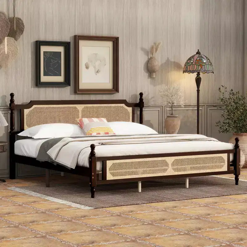 MAYEERTY Full Size Bed with Rattan Headboard, Two Storage Drawers, Rubber Wood Bed Brown