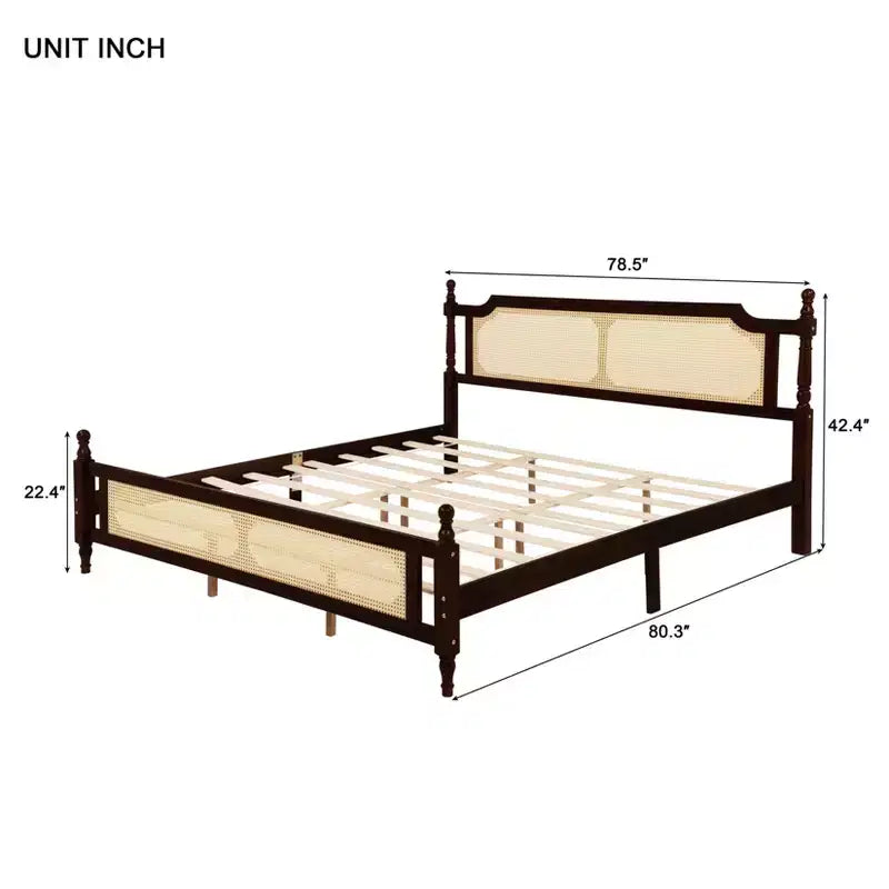 MAYEERTY Full Size Bed with Rattan Headboard, Two Storage Drawers, Rubber Wood Bed Brown