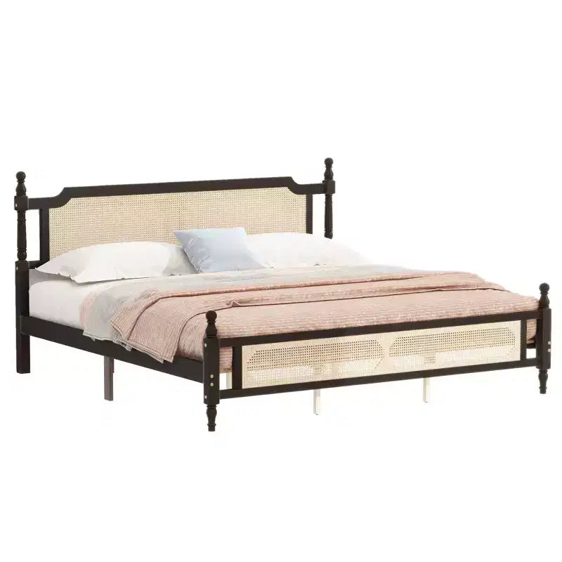 MAYEERTY Full Size Bed with Rattan Headboard, Two Storage Drawers, Rubber Wood Bed Brown