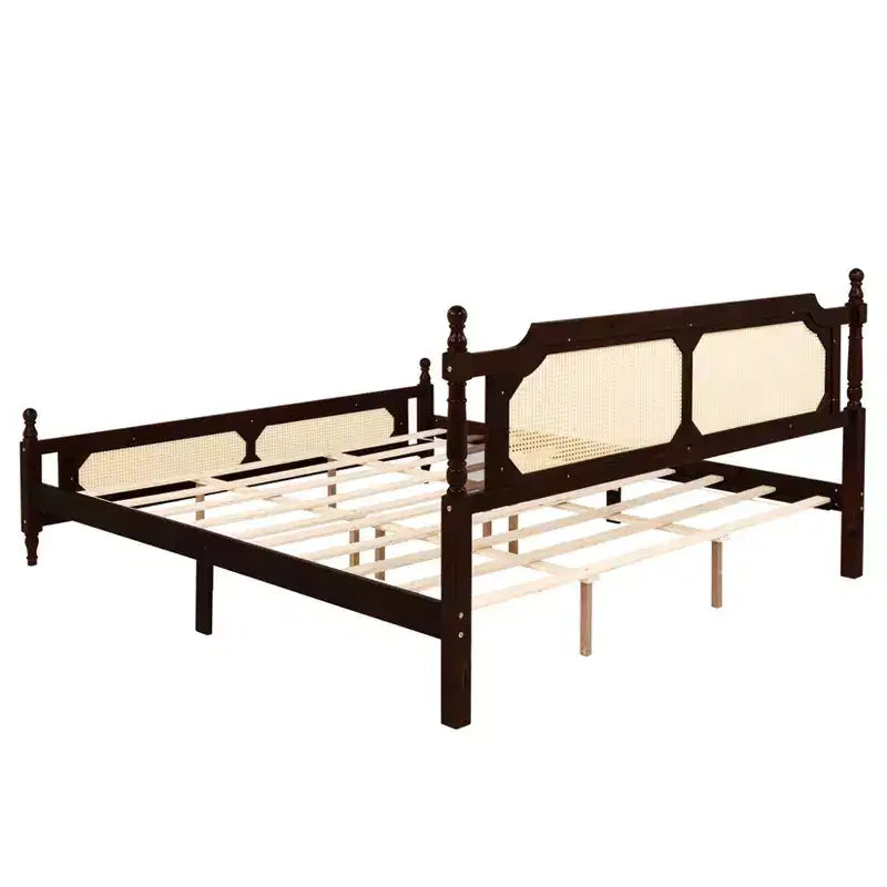 MAYEERTY Full Size Bed with Rattan Headboard, Two Storage Drawers, Rubber Wood Bed Brown